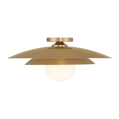 6-5564-1-322 Sherrer Mid-Century Modern White Opal Glass Semi-Flush, 1-Light 60 Watt, 9" H x 20" W, Warm Brass