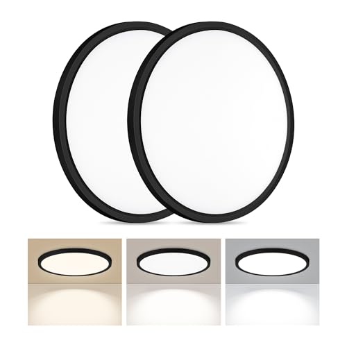 LED Flush Mount Ceiling Light 12in Thin 3CCT Black Wired
