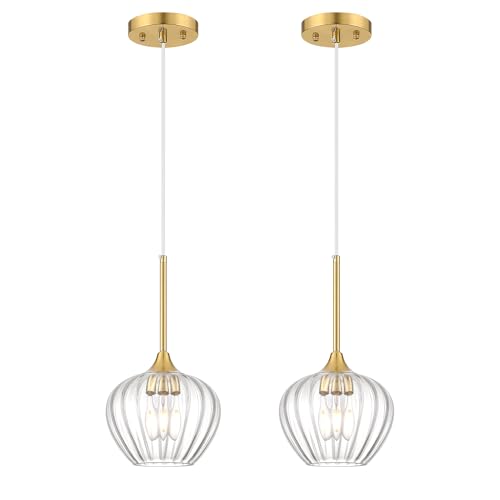 2 Pack Brushed Gold Pendant Lights Kitchen Island with Ribbed Glass Shade (2 Count)