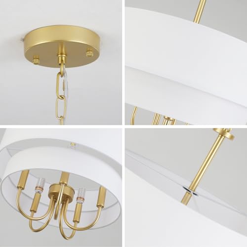 5 Light Gold Chandeliers for Dining Room with White Fabric Shades Two Layer (5 Count)