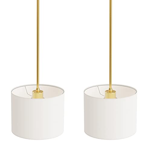 9" Dia White Linen Drum Shade Hanging Pendant Light Fixture with Polished Gold Pole Kit (2 Count)