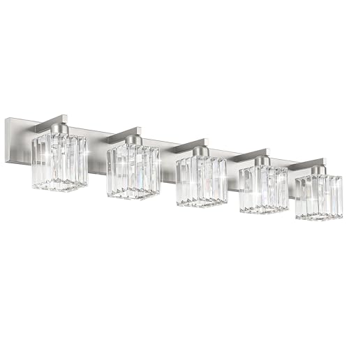 Brushed Nickel Bathroom Lighting Fixtures 5 Light Vanity Light Crystal Modern Bathroom Vanity Light