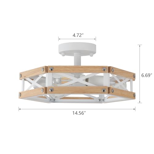 3 Light Modern Farmhouse Wood Flush Mount Ceiling Light Fixture 14.5 inch Vintage Natural Wood and Metal Cage Semi Flush Mount Ceiling Light for Hallway Entry Bedroom Farmhouse