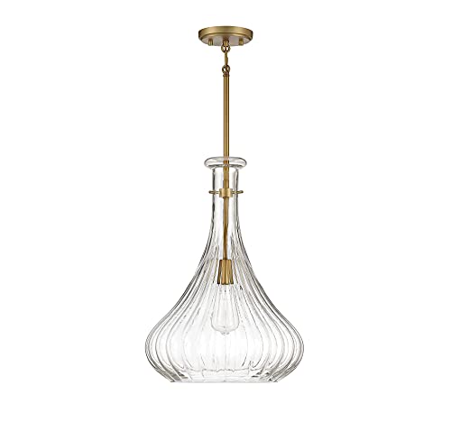 7-2265-1-322 Bristo Industrial Clear Fluted Glass Pendant, 1-Light 60 Watt, 20" H x 14" W, Warm Brass
