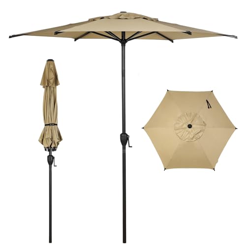 7.5FT Lyon Outdoor Patio Umbrella Outdoor Table Umbrella with Push Button Tilt and Crank Market Umbrella 6 Sturdy Ribs UV Protection Waterproof for Garden Deck Backyard Pool Tan