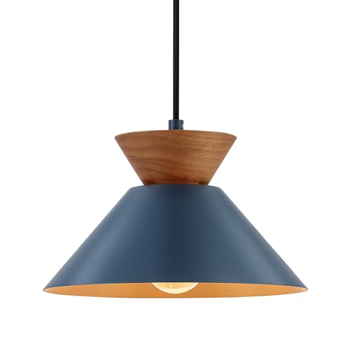 10 Inch Modern Pendant Light Fixture Farmhouse Solid Wood Hanging Lamp with Navy Blue Metal Shade & Gold Inner Finish Adjustable Pendant Light for Kitchen Island Dining Room Bedroom Modern Blue