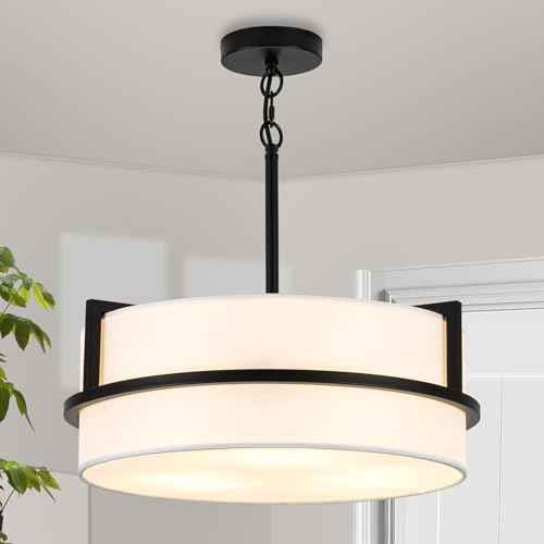 Modern Drum Chandelier for Dining Room 3 Light,15.7" Wide White Linen Drum Shade Ceiling Light Fixture,Pendant Lighting with Adjustble Hang Height Chandelier for Kitchen Islands Living Bedroom