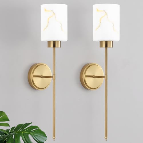 Gold Wall Sconces Set of 2 with Marble Glass Shade