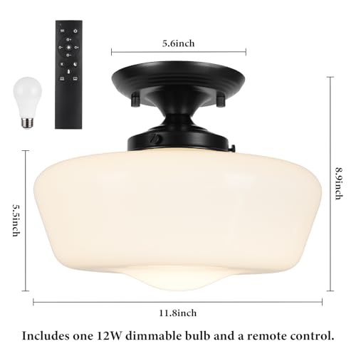 Schoolhouse Style Semi Flush Mount Ceiling Light with Dimmable Bulb Remote Control