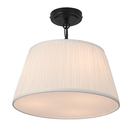 15”Dia White Pleated Drum Shade Semi Flush Mount Ceiling Light