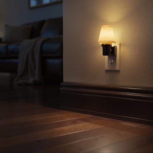 LED Night Lights Plug into Wall Linen Fabric Round Platform (2 Count)
