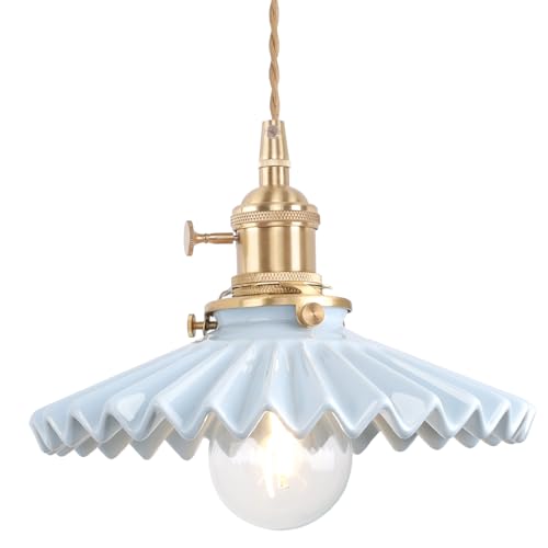 Pendant Light with Blue Pleated Ceramic Lmapshade