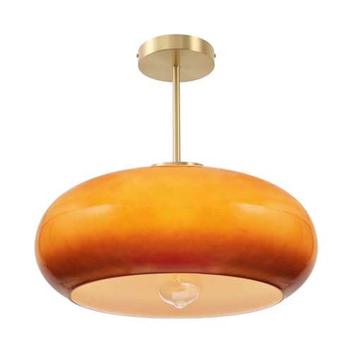 Large Glass Semi Flush Mount Ceiling Light 15.7″Dome Orange Shade