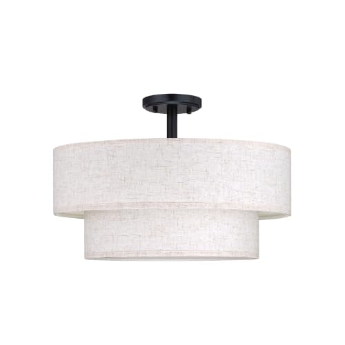 2 Tier 18" Cream Drum Fabric 4 Light Black Semi Flush Mount Ceiling Light for Living Room Dining Room Bedroom Hallway