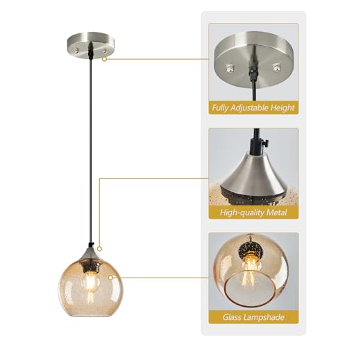 Light Brown Glass Pendant Lights Kitchen Island Globe Pendant Light Fixtures Modern Pendant Lighting for Bedroom Living Dining Room Light Fixture (3 Count)