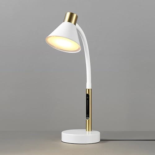 15" LED Integrated Matte White Desk Lamp with Matte Brass Accent and Adjustable Silicone Gooseneck