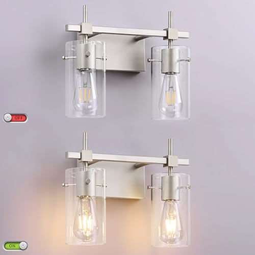 2 Light Wall Scone Vintage Vanity Light Fixtures Brushed Nickel Wall Light for Bathroom Lights Over Mirror with Glass Shade Light Fixtures