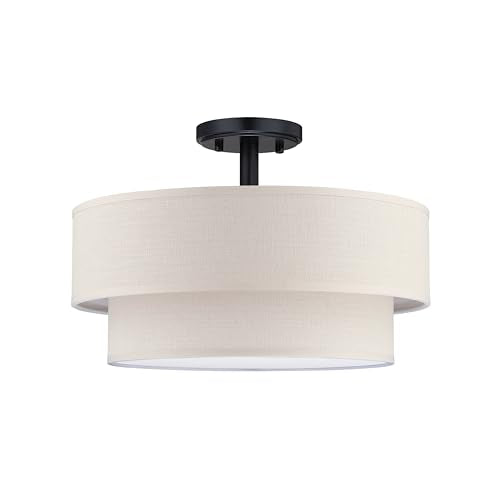 3 Light 15" Cream Fabric Black Semi Flush Mount Close to Ceiling Light Fixture