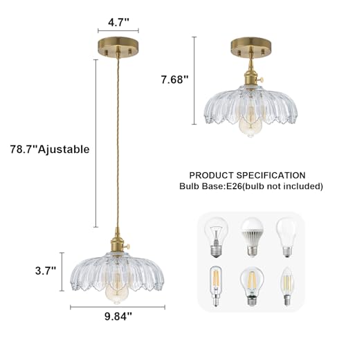 EDSILIVE Vintage Flower Glass Pendant Lights Kitchen Island 9.84" Antique Flower Clear Glass Hanging Ceiling Light Fixture with Adjustable Brass Twine Wire for Dining Room Kitchen Table