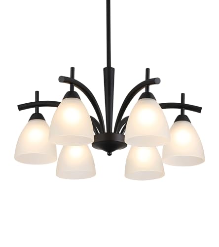 Modern Farmhouse Black Frosted Glass Chandelier Rustic Kitchen Light Fixtures 6 Lights for Dining Room Living Room Foyer Entryway Bedroom UL Listed D25.6 Inches