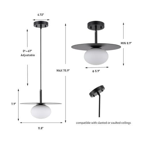 Modern Globe Pendant Lighting Set of 2 Milky White Glass Shade Matte Black Farmhouse Pendant Light 11.81" Dome Industrial Hanging Ceiling Light Fixture Kitchen Island Dinning Room Bedroom (2 Count)