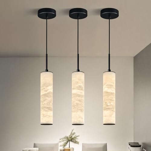 Natural Alabaster Pendant Lights 4000k Modern Black Ceiling Light White Marble Long Tube Chandelier for Kitchen Island Bedroom Dining Room Table Living Room (2.99 Count)