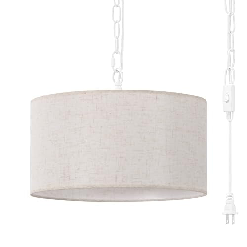 3 Light Plug in Pendant Light with Linen Drum Shade