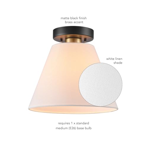 1-Light Semi-Flush Mount Ceiling Light, Matte Black with Matte Brass Accent, White Linen Shade, Dimmable, E26 Base, Transitional Style, 66000137