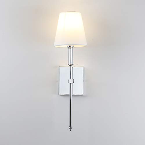 Set of 2 Classic Rustic Industrial Wall Sconce Lighting Fixture with Flared White Textile Lamp Shade and Chrome Tapered Column Stand (2 Count)