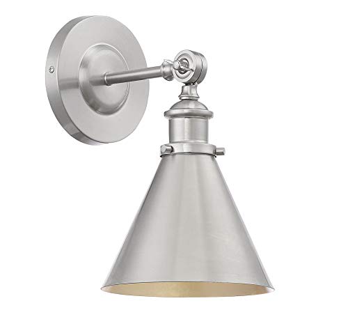 9-0901-1-SN Glenn Vintage Industrial Metal Sconce with Adjustable Shade Angle, 1-Light 60 Watt, 12" H x 7" W, Satin Nickel