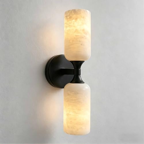 Natural Alabaster Wall Sconce 15in Marble Bathroom Vanity Sconce Black E26
