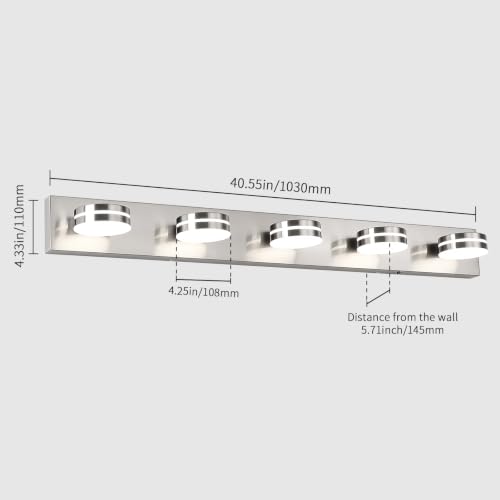 LED Brushed Nickel Bathroom Vanity Lights 5 Light 40.55in