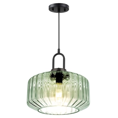 Modern Hanging Lights Light Green Pendant Light Fixtures Mid Century Large Glass Pendant Lights 11" Striped Glass Shade Black Schoolhouse Ceiling Light Fixture Kitchen Hanging Lamp