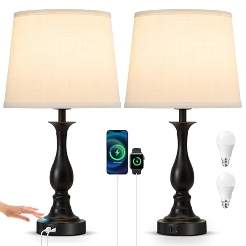 Bedside Table Lamp Touch Control Bedroom Lamps with USB A + C Charging Port 3 Way Dimmable Touch Lamps for Nightstand Living Room Bedroom Dorm Home Office Reading (2 Count)