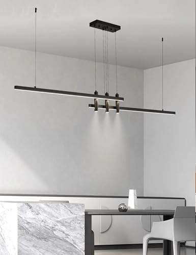 83" Modern Black Linear Pendant Lights Kitchen Island Lighting Minimalist Led Chandeliers Pool Table Light Dimmable Ceiling Hanging Light Fixture Dining Room with Remote Control