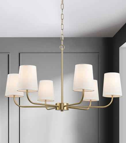 6-Light Brushed Gold Pendant Chandelier with White Linen Shades, E12 Base - Farmhouse & Industrial Style for Kitchen, Living Room, Dining Room, or Bedroom Lighting