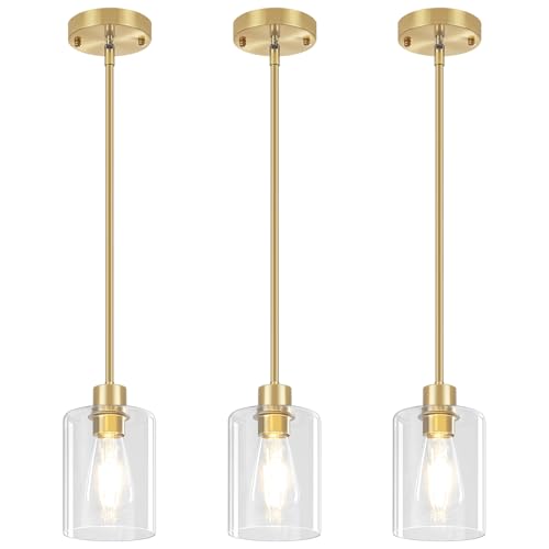 3 Pack Brushed Gold Pendant Lights Kitchen Island Glass Hanging Lighting