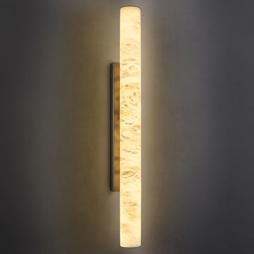 Natural Alabaster Wall Sconces Spanish Marble Wall Light Cylinder Modern Black LED Sconce for Living Room Bedroom Bathroom Stairs（L