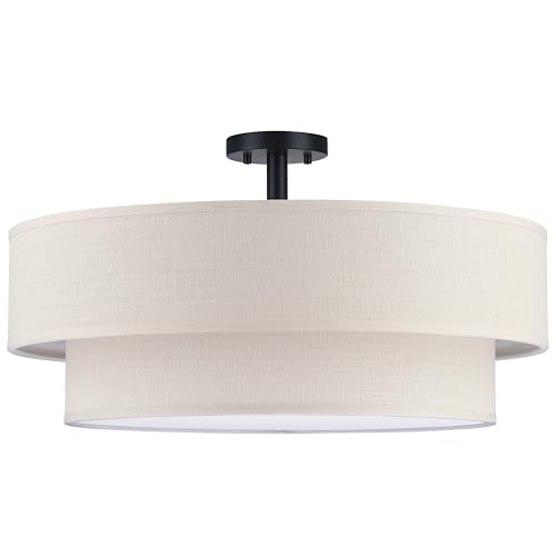 6 Light 26" Cream Fabric Black Semi Flush Mount Close to Ceiling Light Fixture
