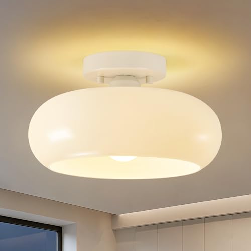 Mid Century Modern Cream White Semi Flush Ceiling Light 11.0 Inch