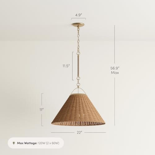 Cyprus Rattan Pendant Light with Coastal Wicker Cone Shade and Adjustable Brass Chain