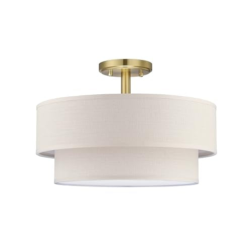 3 Light 15" Cream Fabric Gold Semi Flush Mount Close to Ceiling Light Fixture