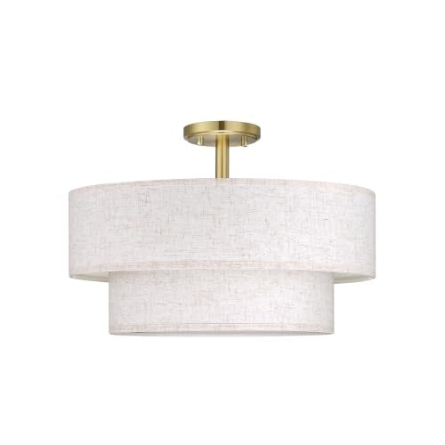 2 Tier 18" Cream Drum Fabric 4 Light Gold Semi Flush Mount Ceiling Light for Living Room Dining Room Bedroom Hallway