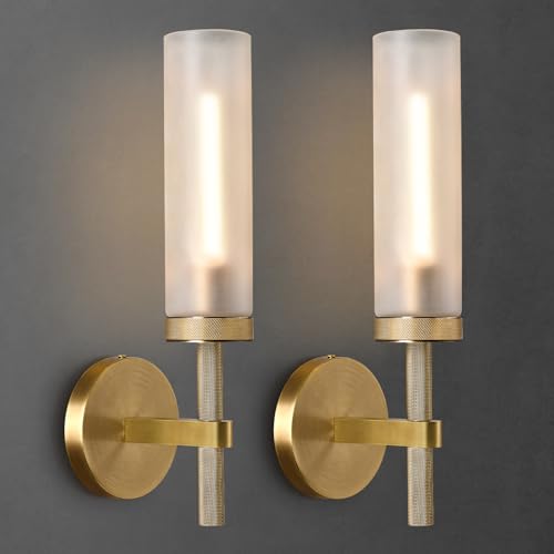 15" 2 Pc Knurled Brass Bathroom Wall Sconces