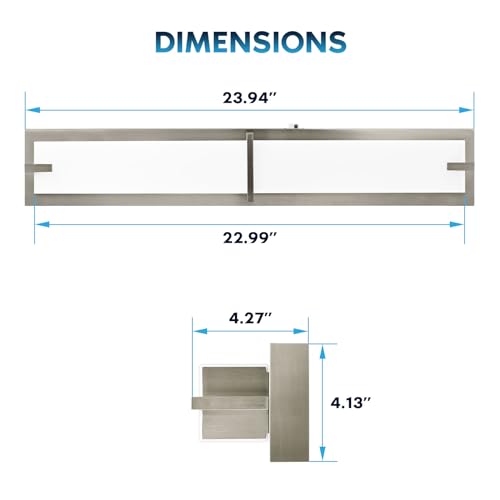 24 Inch LED Vanity Lights Brushed Nickel Bathroom Light Fixtures 3CCT Selectable 3000K 4000K 5000K Modern Vanity Light Bar Over Mirror 25W 1750 Lumens Dimmable Damp Rated ETL Listed