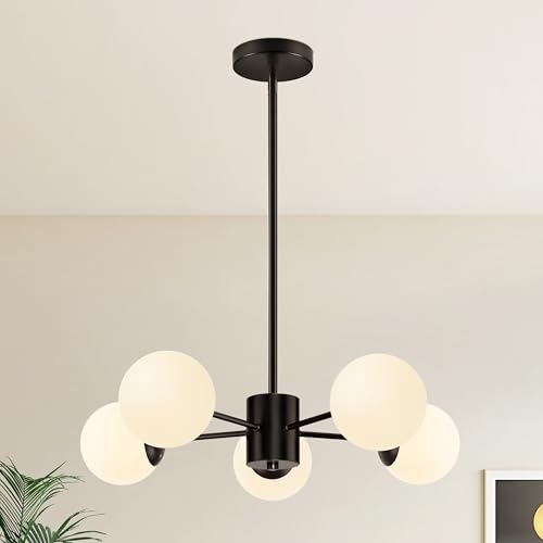 5 Light Globe Sputnik Chandelier Mid Century Sputnik Chandeliers Modern Black Globe Pendant Light Matte Black Finished with White Frosted Glass Lampshade for Dining Room Bedroom Kitchen