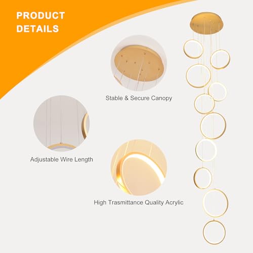 10 Ring Gold LED Chandelier for High Ceilings