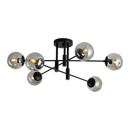 6 Light Glass Globe Sputnik Light Fixture Modern Matte Black Chandelier Semi Flush Mount Ceiling lamp for Living Room Kitchen Dining Room Farmhouse Bedroom