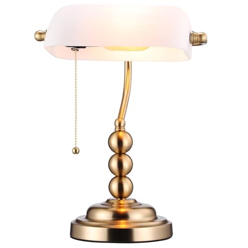 Ivory White Glass Bankers Desk Lamp with Pull Chain