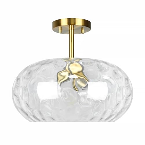 Brass Gold Semi Flush Mount Ceiling Fixture Large Hammered Glass Shade Modern Close to Ceiling Light 14" Art Lampshade for Hallway Foyer Bedroom